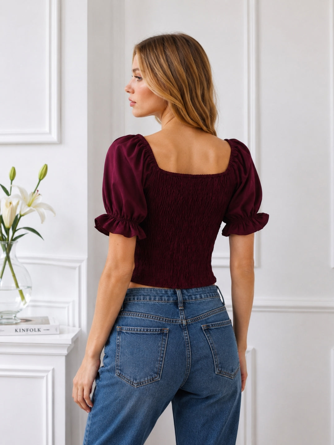 Clobug Women Square Neck Short Sleeve Crop Top