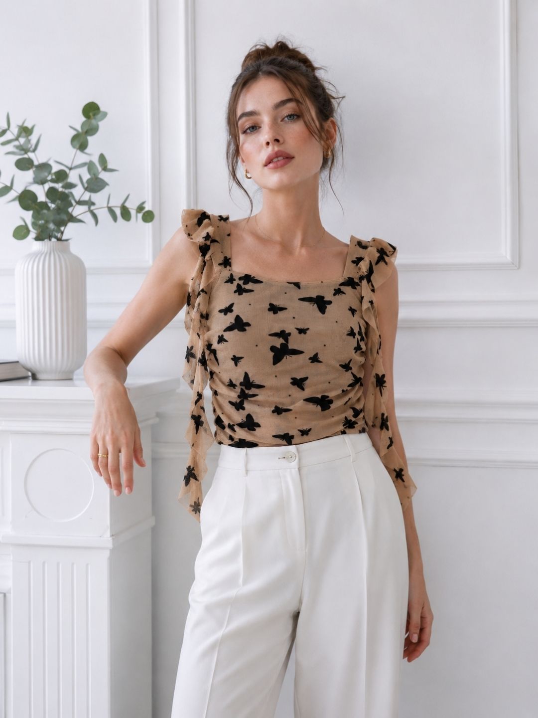 Women's Butterfly Print Beige Top