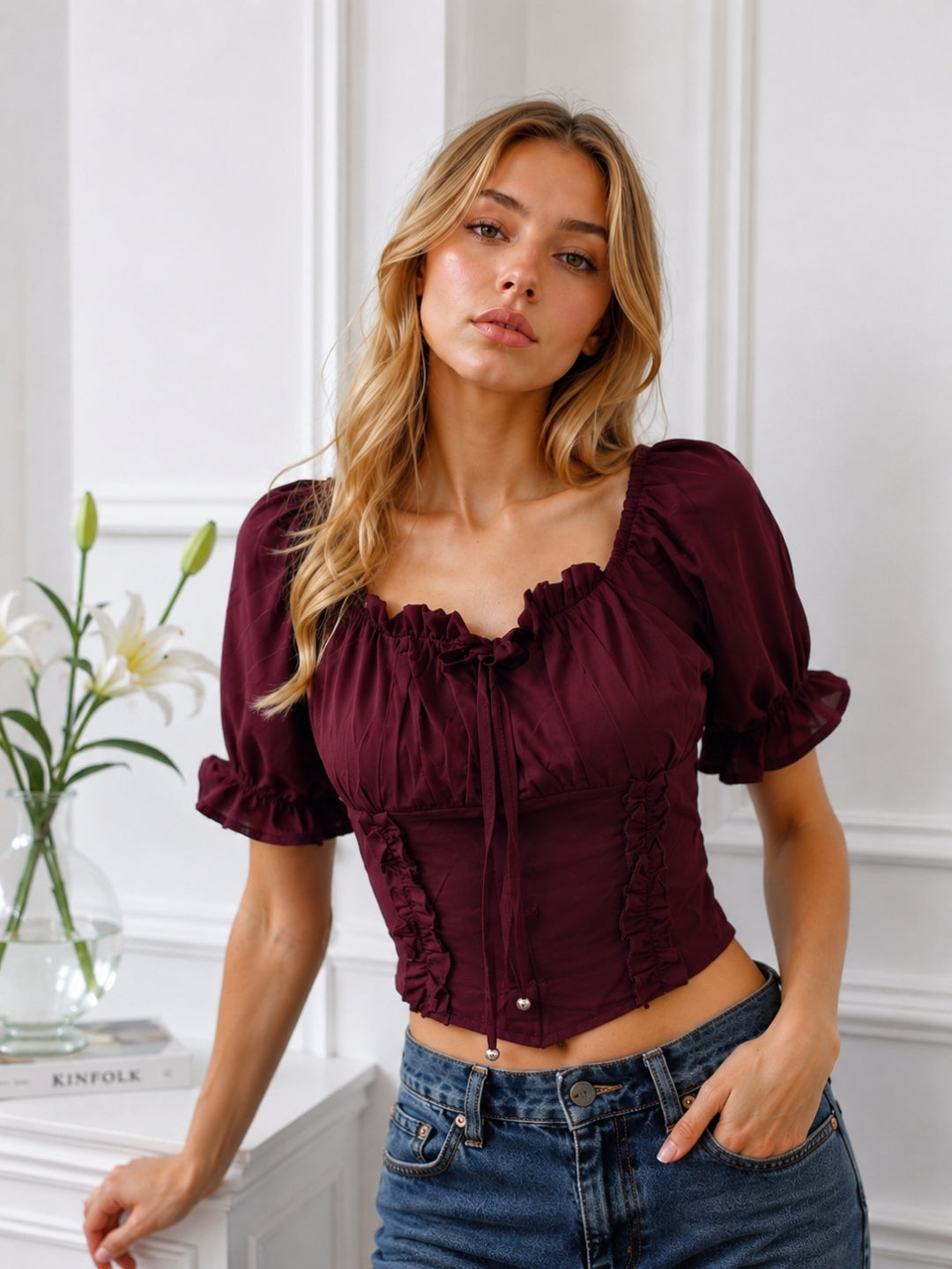 Clobug Women Square Neck Short Sleeve Crop Top