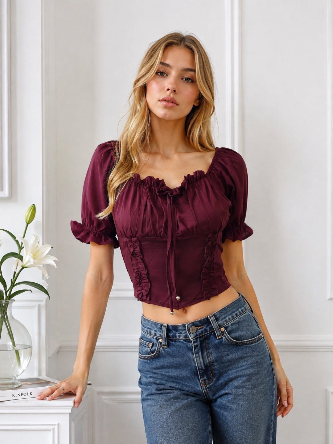 Clobug Women Square Neck Short Sleeve Crop Top