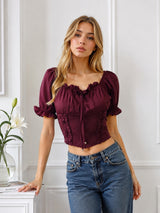 Clobug Women Square Neck Short Sleeve Crop Top
