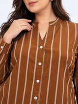 Clobug Women Plus Size Stripe Full Sleeve Brown Shirt