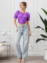 Clobug Women Square Neck Short Sleeve Crop Top