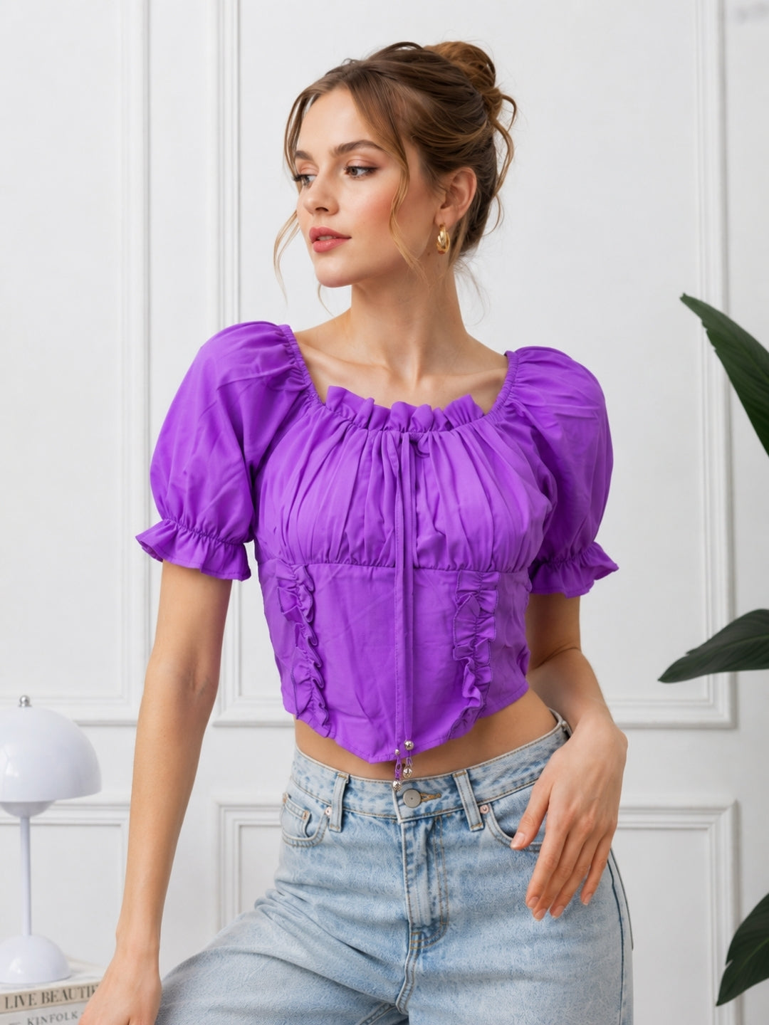 Clobug Women Square Neck Short Sleeve Crop Top