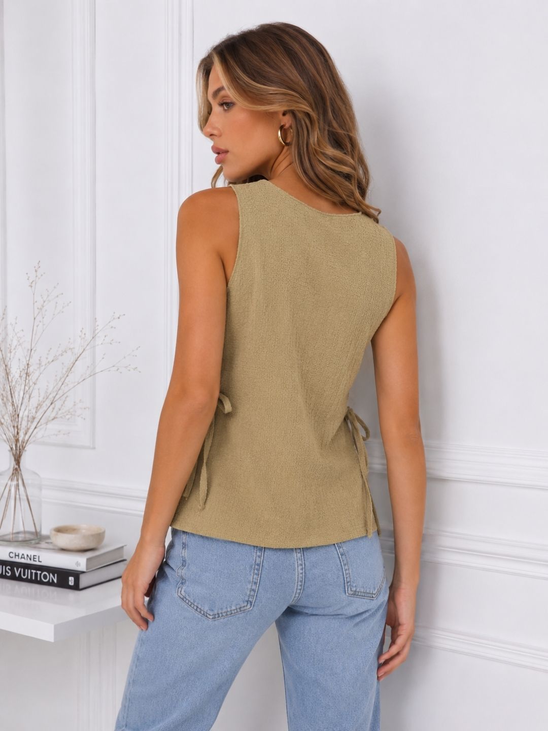 Women's Beige Textured Sleeveless Side Tie Top