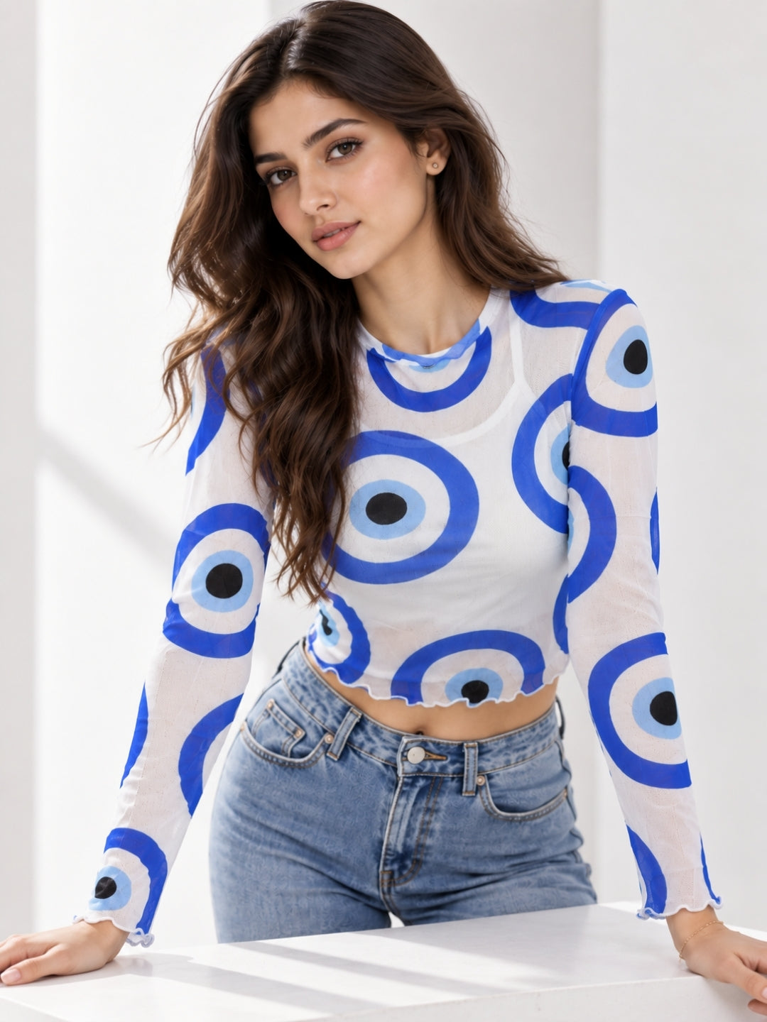 Clobug Women Full Sleeve Eye Print Top