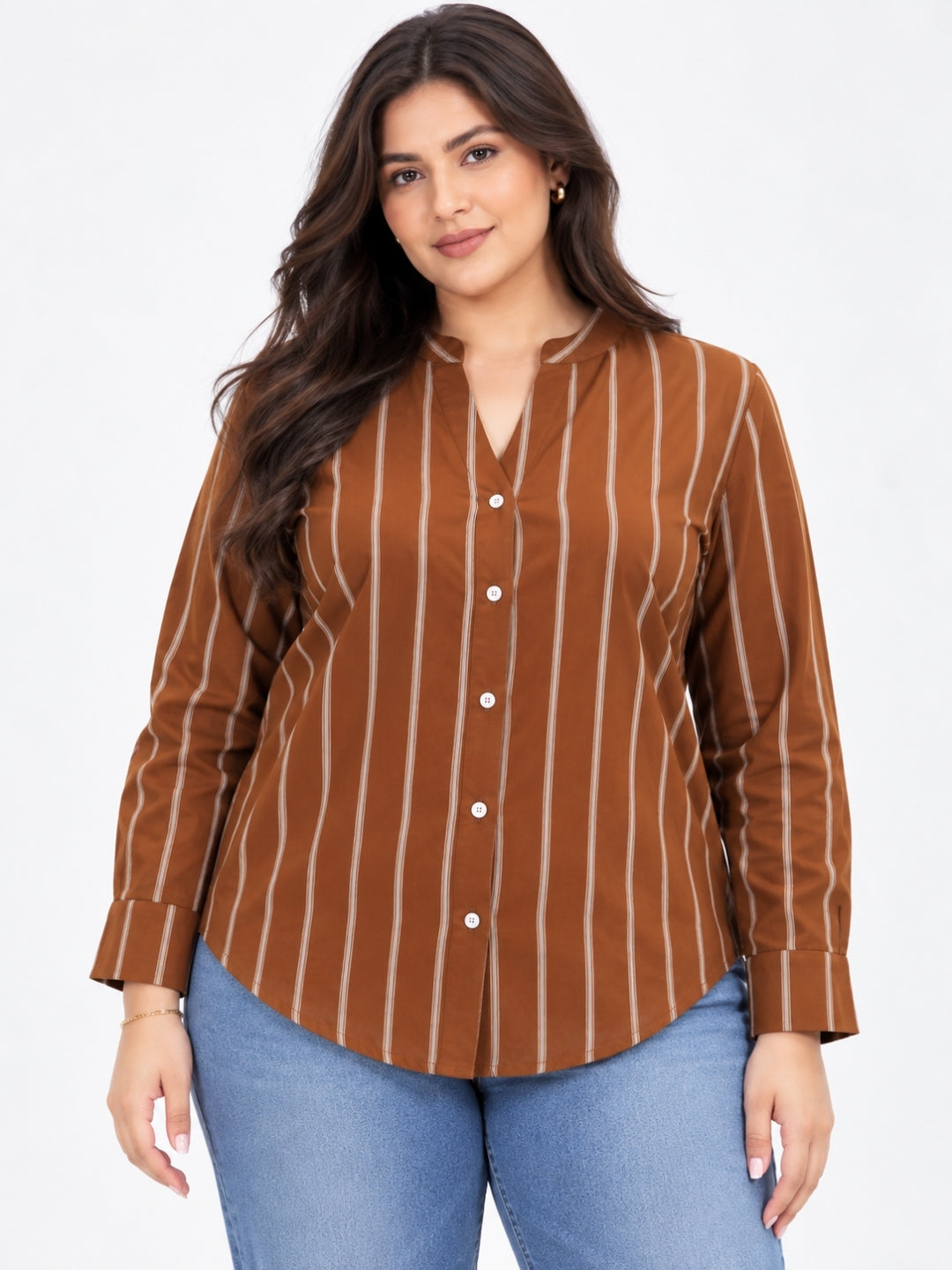 Clobug Women Plus Size Stripe Full Sleeve Brown Shirt