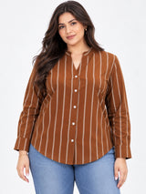 Clobug Women Plus Size Stripe Full Sleeve Brown Shirt