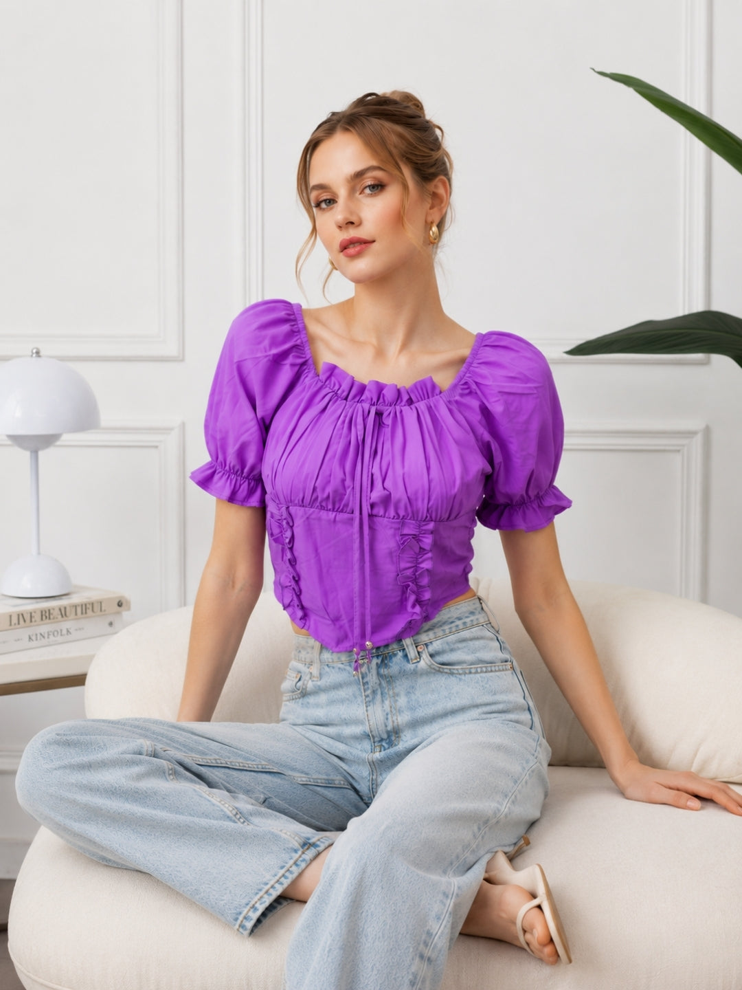 Clobug Women Square Neck Short Sleeve Crop Top