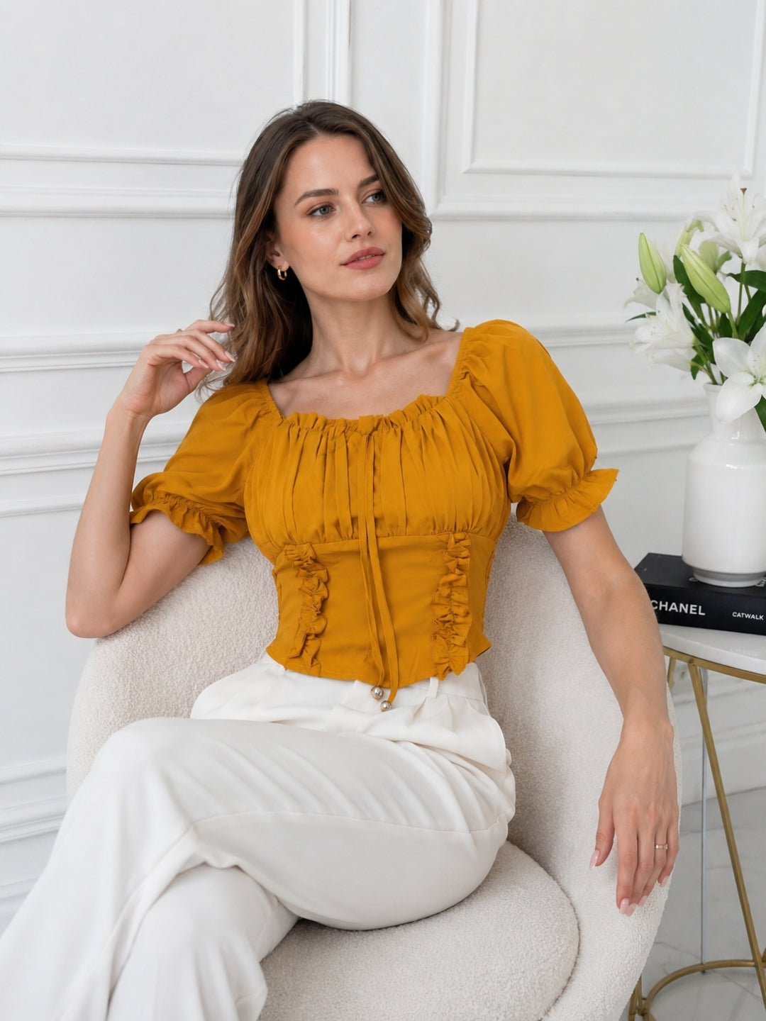 Clobug Women Square Neck Short Sleeve Crop Top