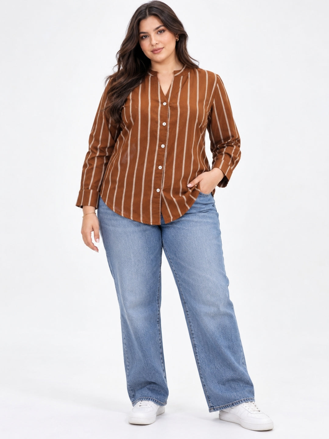 Clobug Women Plus Size Stripe Full Sleeve Brown Shirt