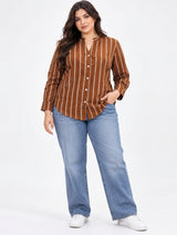 Clobug Women Plus Size Stripe Full Sleeve Brown Shirt
