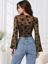 Clobug Women Printed Full Sleeve Round Neck Net Crop Top