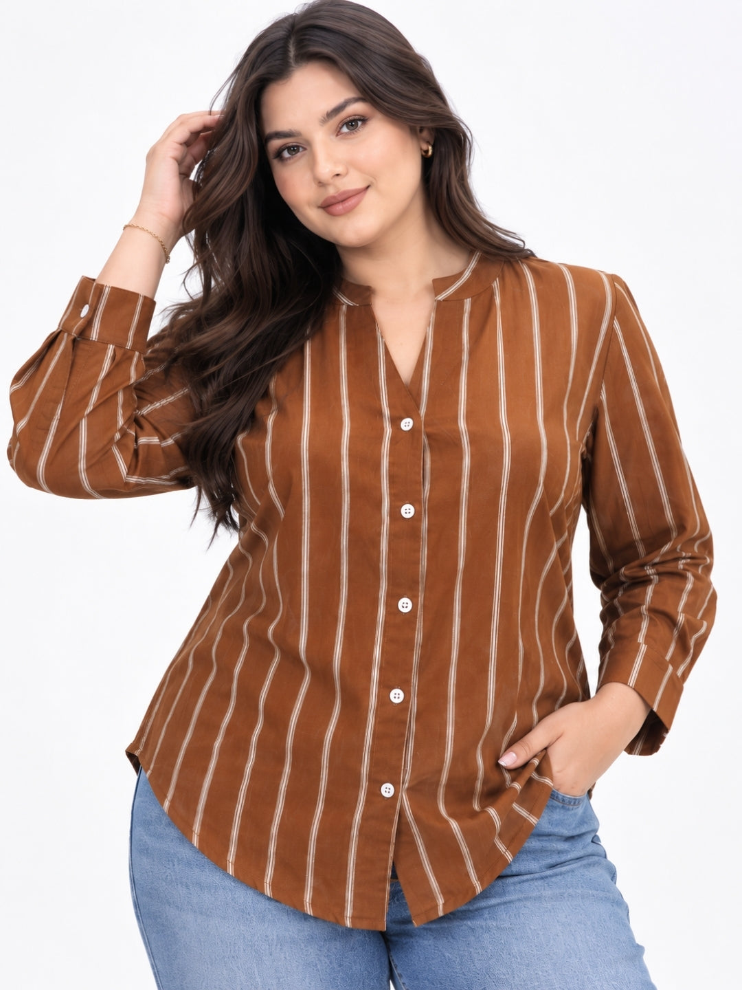 Clobug Women Plus Size Stripe Full Sleeve Brown Shirt