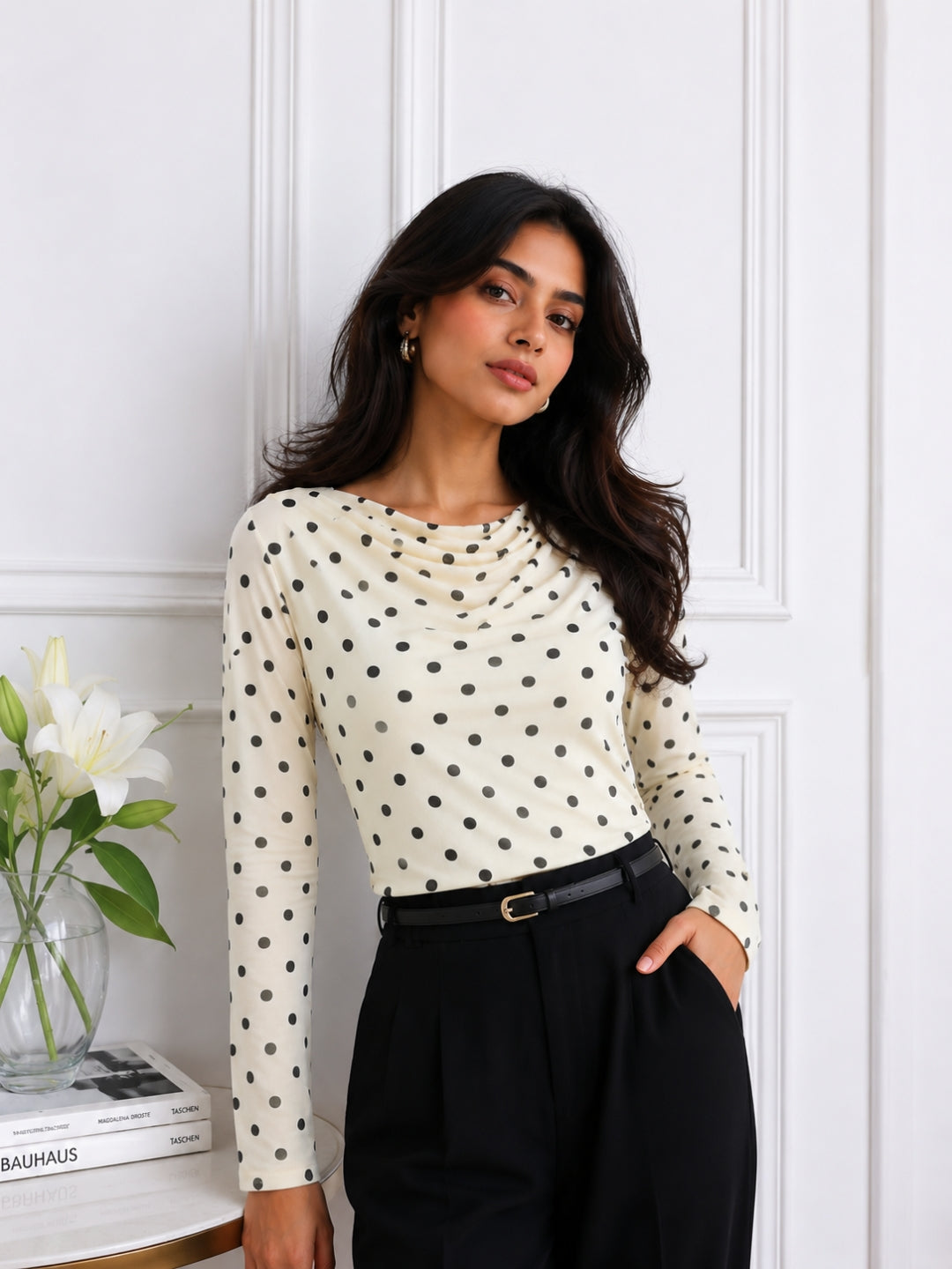 Clobug Women Cowl Neck Printed Mesh Top