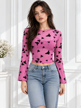 Clobug Women Printed Full Sleeve Round Neck Net Crop Top