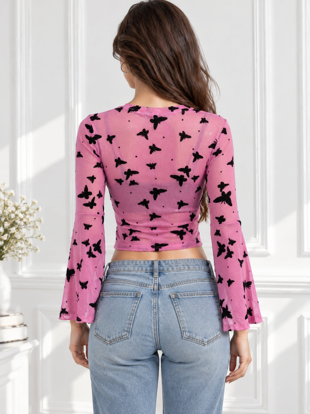 Clobug Women Printed Full Sleeve Round Neck Net Crop Top