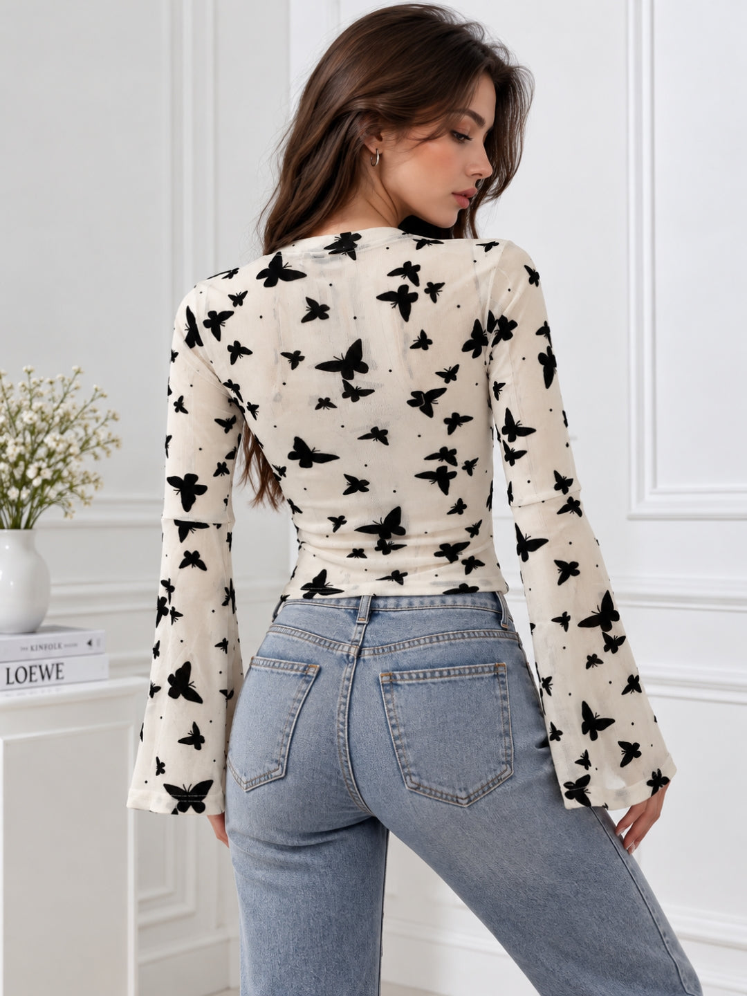 Clobug Women Printed Full Sleeve Round Neck Net Crop Top