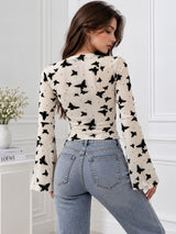 Clobug Women Printed Full Sleeve Round Neck Net Crop Top