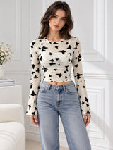 Clobug Women Printed Full Sleeve Round Neck Net Crop Top