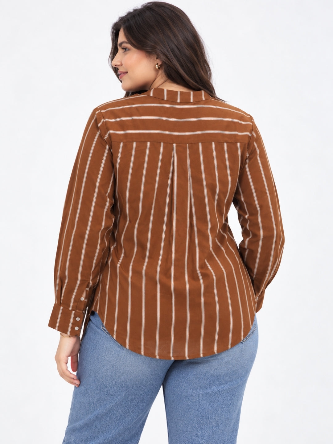 Clobug Women Plus Size Stripe Full Sleeve Brown Shirt
