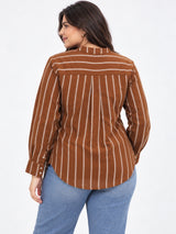 Clobug Women Plus Size Stripe Full Sleeve Brown Shirt
