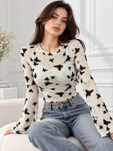 Clobug Women Printed Full Sleeve Round Neck Net Crop Top