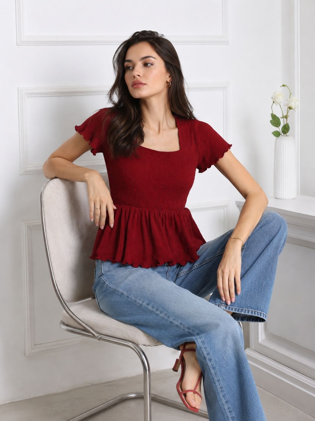 Women Square Neck Short Sleeve Top