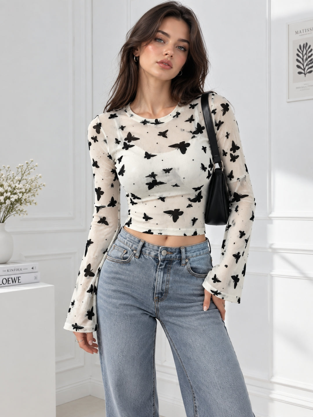 Clobug Women Printed Full Sleeve Round Neck Net Crop Top
