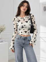 Clobug Women Printed Full Sleeve Round Neck Net Crop Top