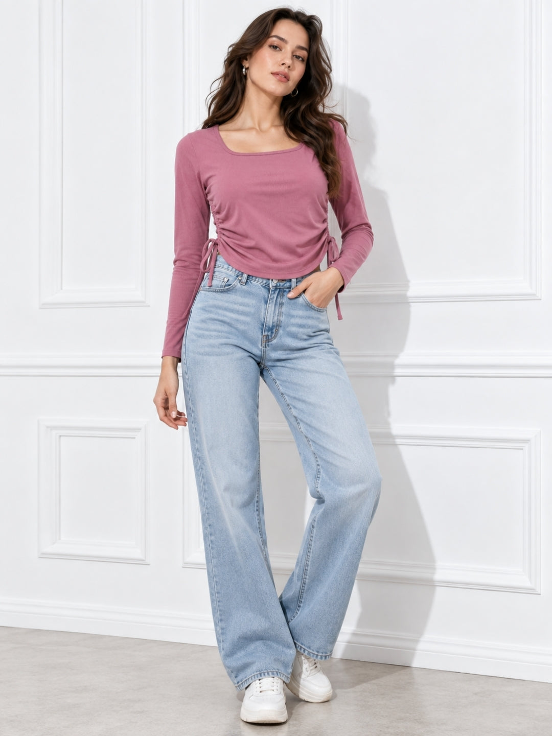 Clobug Solid Square Neck Full Sleeve Fitted Crop Top With Adjustable Strings