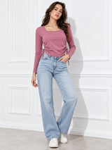 Clobug Solid Square Neck Full Sleeve Fitted Crop Top With Adjustable Strings