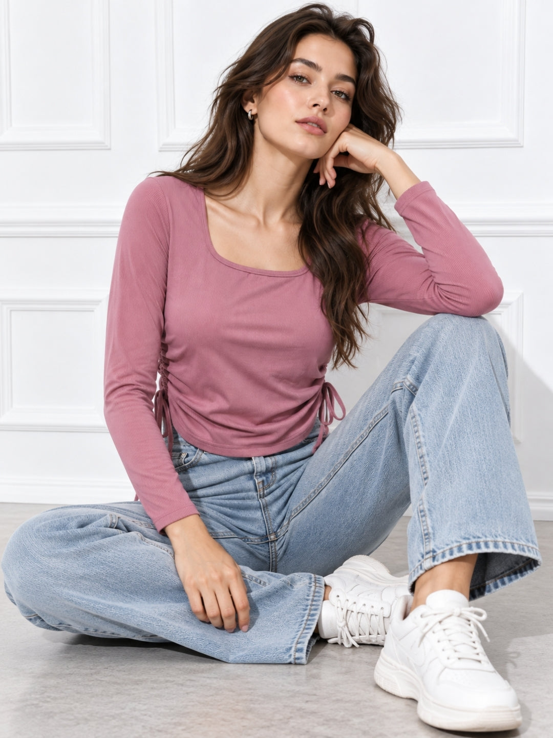 Clobug Solid Square Neck Full Sleeve Fitted Crop Top With Adjustable Strings