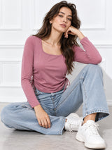 Clobug Solid Square Neck Full Sleeve Fitted Crop Top With Adjustable Strings