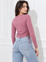 Clobug Solid Square Neck Full Sleeve Fitted Crop Top With Adjustable Strings