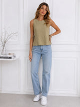 Women's Beige Textured Sleeveless Side Tie Top