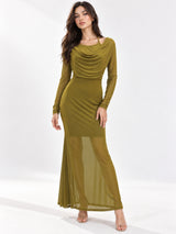 Women Solid Draped Cowl Neck Full Sleeve Bodycon Maxi Dress
