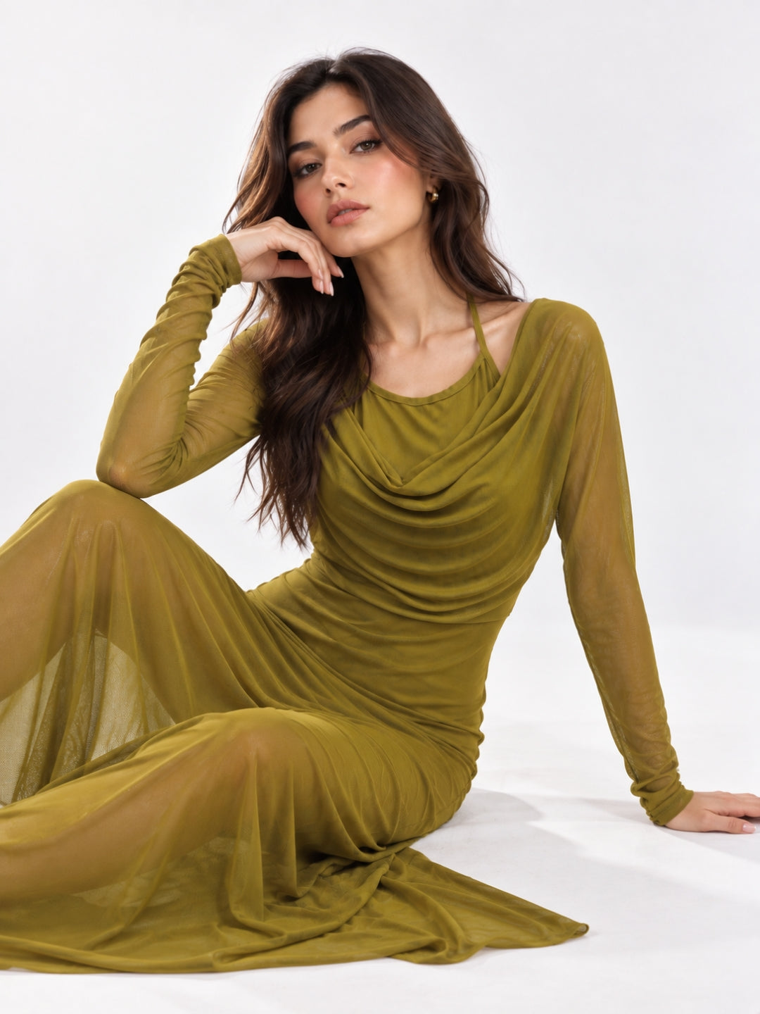 Women Solid Draped Cowl Neck Full Sleeve Bodycon Maxi Dress