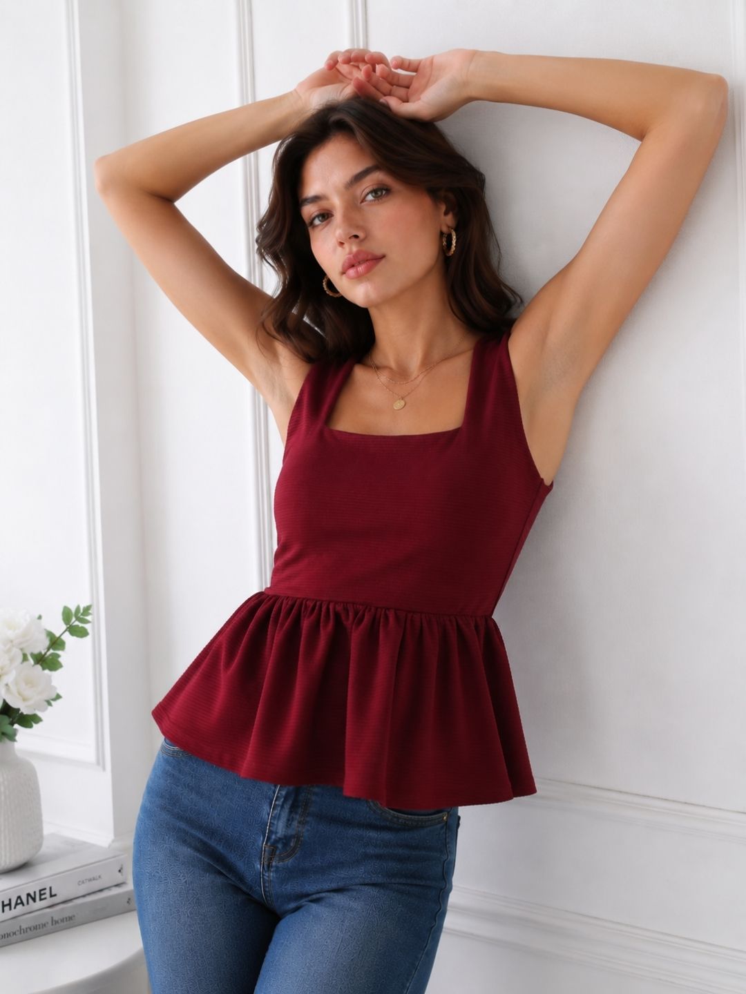 Women's Maroon Square Neck Top