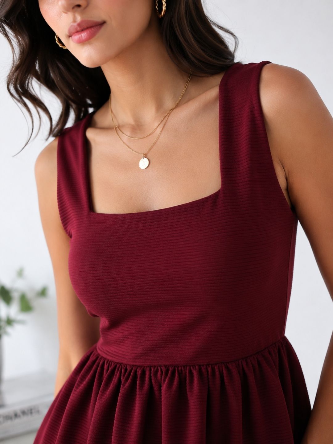 Women's Maroon Square Neck Top