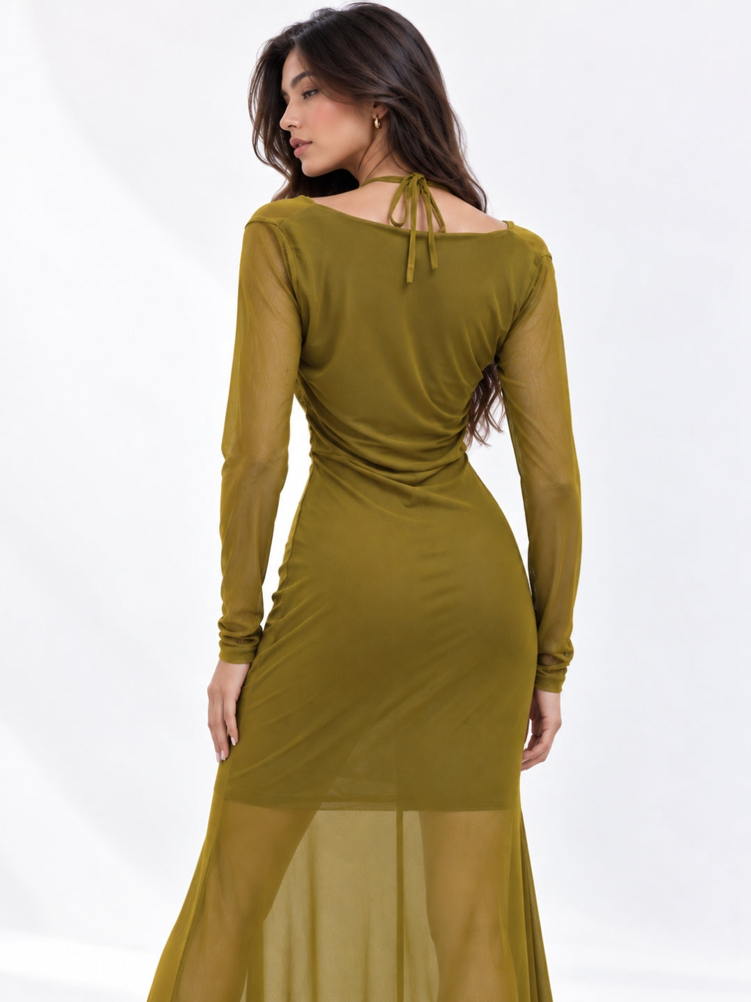 Women Solid Draped Cowl Neck Full Sleeve Bodycon Maxi Dress