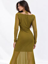 Women Solid Draped Cowl Neck Full Sleeve Bodycon Maxi Dress