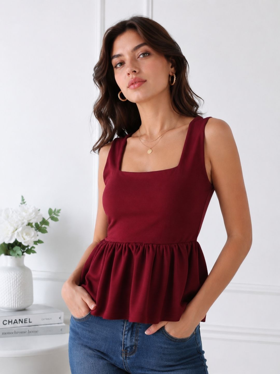 Women's Maroon Square Neck Top