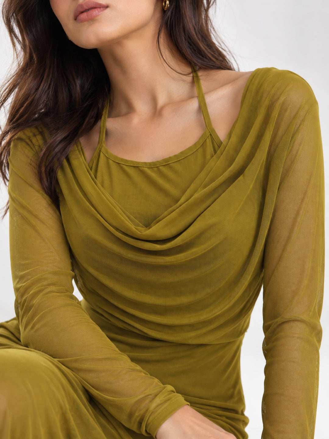 Women Solid Draped Cowl Neck Full Sleeve Bodycon Maxi Dress