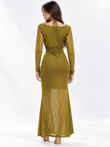 Women Solid Draped Cowl Neck Full Sleeve Bodycon Maxi Dress