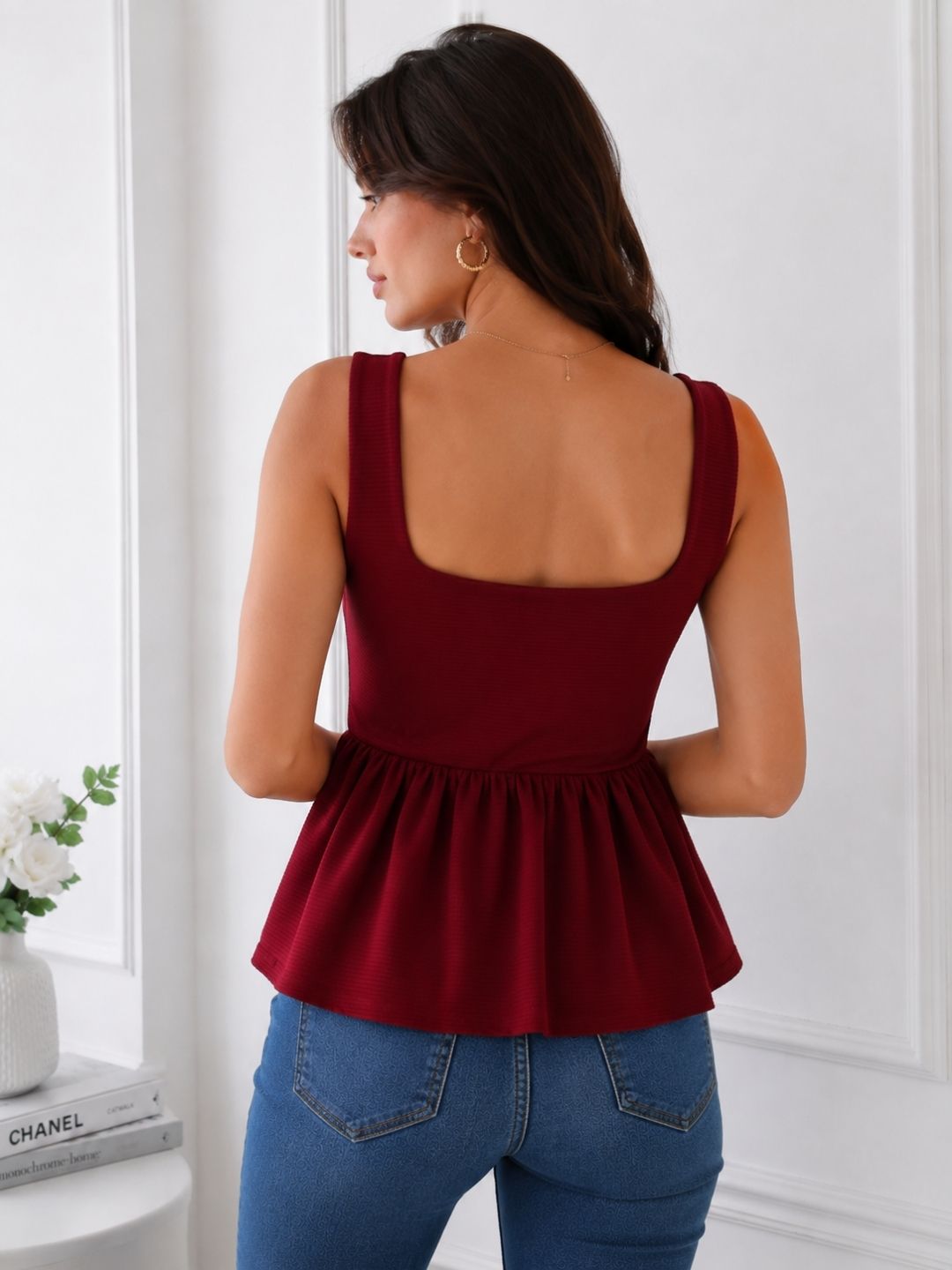 Women's Maroon Square Neck Top