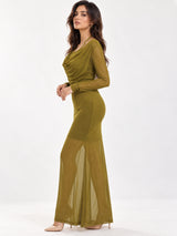 Women Solid Draped Cowl Neck Full Sleeve Bodycon Maxi Dress