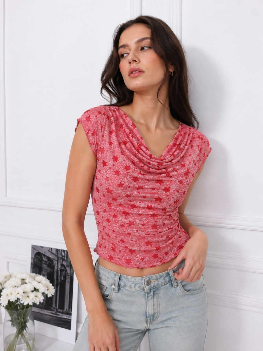 Women Cowl Neck Printed Crop Top