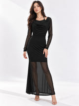 Women Solid Draped Cowl Neck Full Sleeve Bodycon Maxi Dress