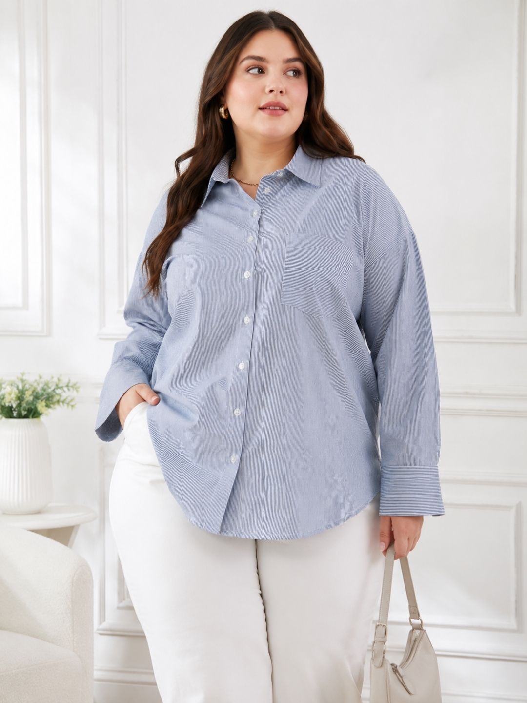 Women's Plus Size Sky Blue Vertical Stripes Casual Shirt